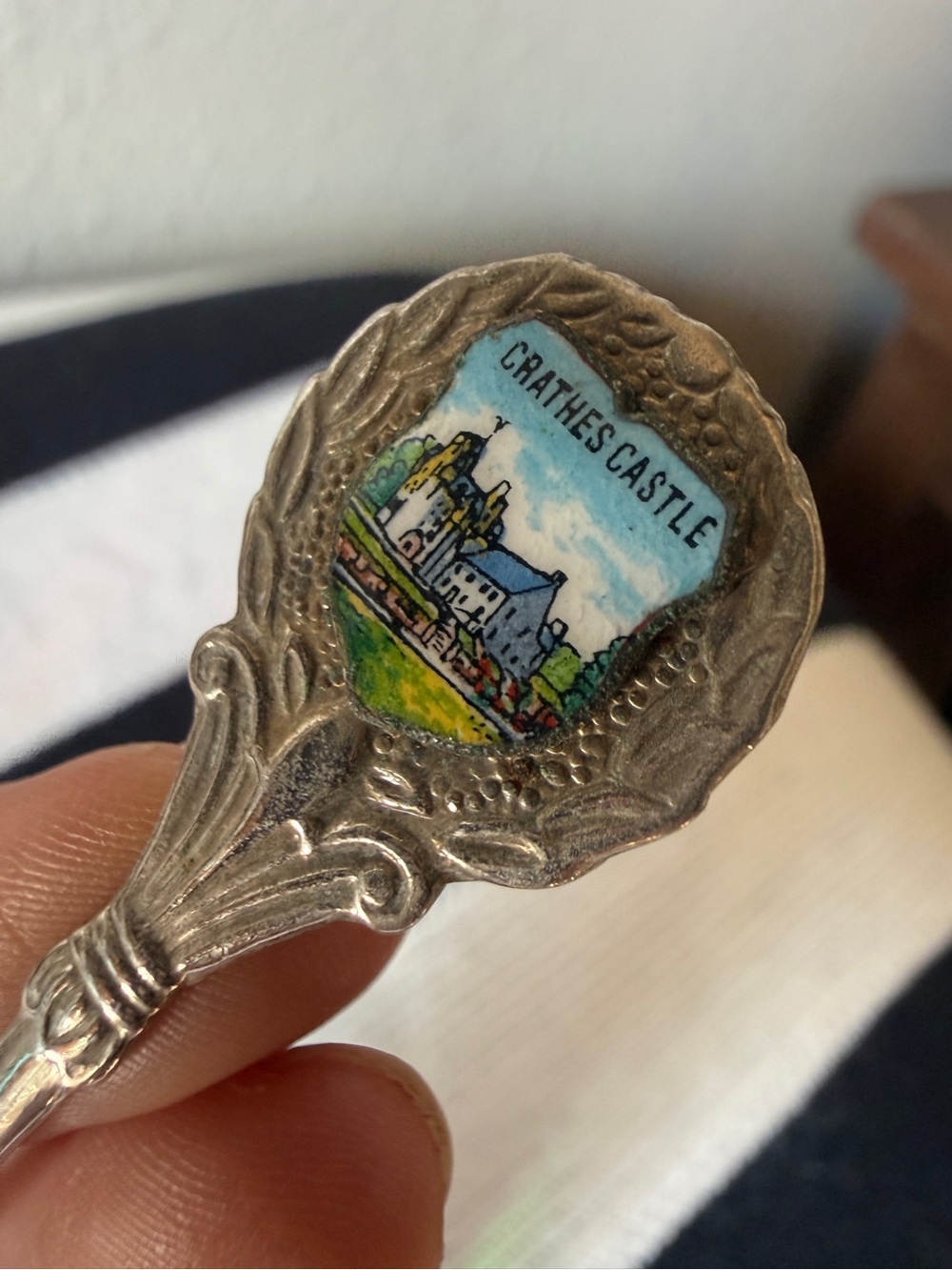 Vintage Crathes Castle Souvenir Demitasse Spoon - Blue, Green, White Enamel
